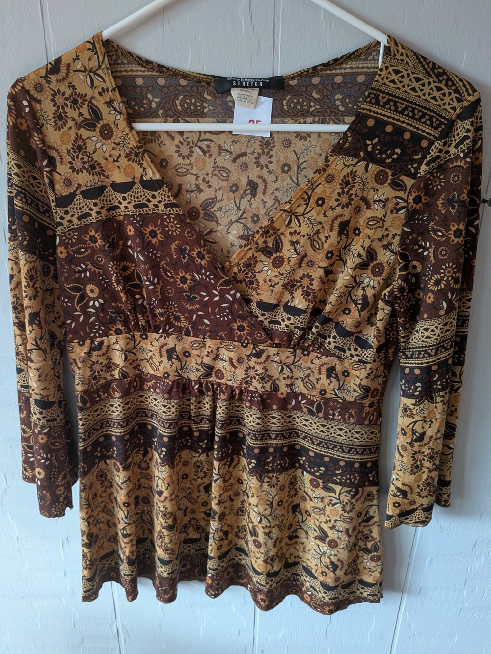 Boho Floral V-Neck Tunic Top in Brown and Tan